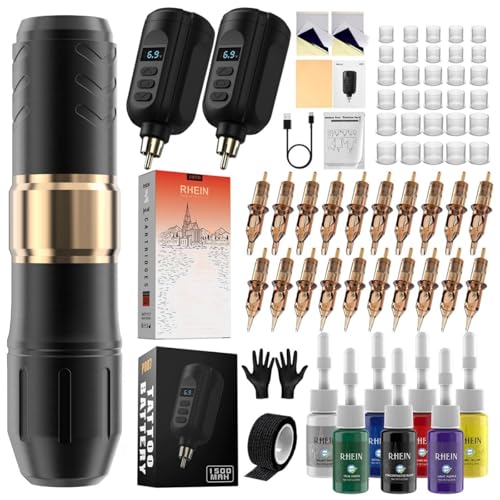 RHEIN Tattoo Maschine Set mit 2PCS 1500mAh Akkus Power 20PCS Tattoo Cartridges 7 Colours TattooFarbe Kabellos Pen Machine Komplettes Tattoo Zubehör RN-TK2002EU-1