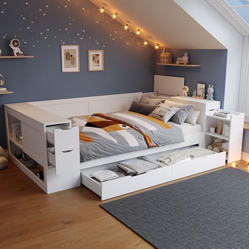 RIAZOS Kinderbett 140x200 cm, Doppelbett mit Regalen und Stauschrank, Stauraumbett mit Schubladen, Bettkasten mit Nachttischen, für Erwachsene und Jugendliche, Weiß, ohne Matratze