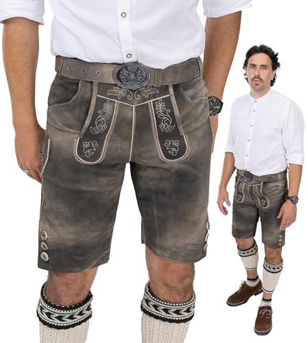 Schöneberger Trachten Couture Herren Lederhose kurz mit Trachtengürtel, Trachtenlederhose braun für Oktoberfest, Trachtenhose Starnberg (48)