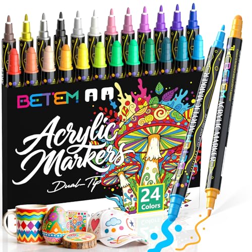 Betem 24 Farben Acrylstifte mit Doppelspitze, Hochwertige Acrylmarker für Stein, Holz, Leinwand, Felsmalerei, Glas, Keramik Wasserfest, Ostereier, Christmas Acrylstifte Set für Basteln Kunstbedarf