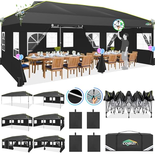 COBIZI Faltpavillon 3x6 Pavillon wasserdicht Winterfest, Pop Up Pavillon Klappbar 3x6 Zelt mit 6 Seitenwnden mit Belüftungsöffnungen, Sandsack|Gardenpavillon Partyzelt für Markt, Freien Event,Schwarz