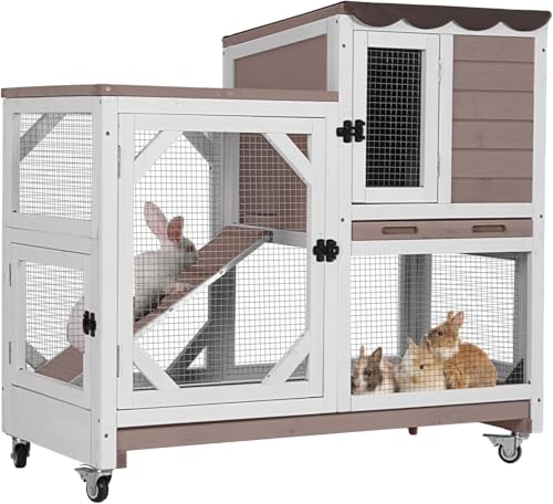 Aivituvin Hasenstall, Kaninchenstall für drinnen und draußen, auf Rädern, 2-stöckig, Holz, Meerschweinchenkäfige mit 2 tieferen herausziehbaren Tabletts (Braun, L)