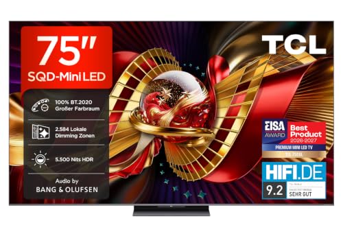 TCL 75C8L SQD-Mini LED 75 Zoll Fernseher, 4K Smart TV, Google TV, HDR10+ | 2584 Dimming-Zonen, 5500 Nits Spitzenhelligkeit, Dolby Vision IQ & Atmos, 144Hz, ZeroBorder Design, Audio by Bang & Olufsen