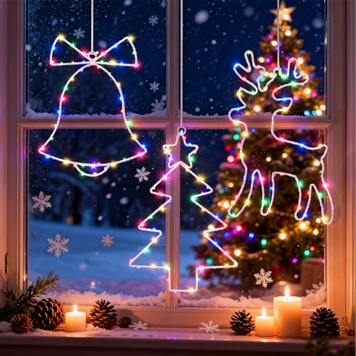 Glovios Weihnachtsbeleuchtung Fenster Innen 3 Stück LED Lichtervorhang Weihnachten Lichter Fenster Weihnachten 8 Modi Wasserdicht Weihnachtsdeko Beleuchtung (Farbenfrohe Lichtfarbe)