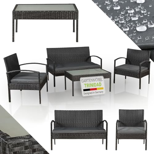 Juskys Polyrattan Gartenmöbel Set Trinidad mit Tisch, Sofa & 2 Stühlen - 4 Personen - Sitzkissen grau - Balkonmöbel Sitzgruppe Balkonset Garten Balkon