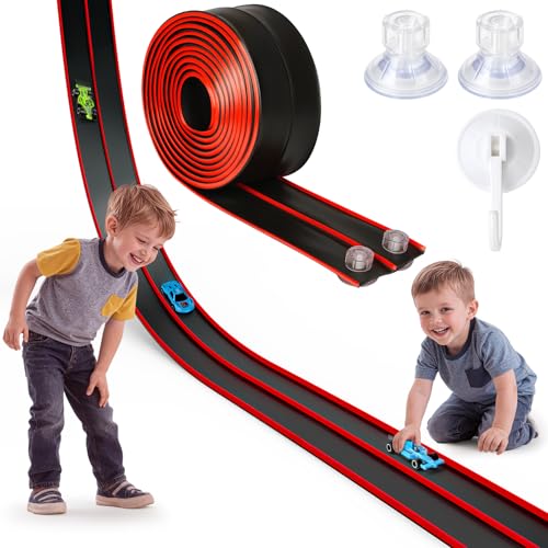 Hot Bee Autorennbahn Spielzeug 4,5M Rennstrecke für Kinder ab 3 Jahre, Flexible Silikon Schiene für Fenster & Wand, Kompatibel mit 1:64 Autos, Saugnapf Set, Rot-Schwarz