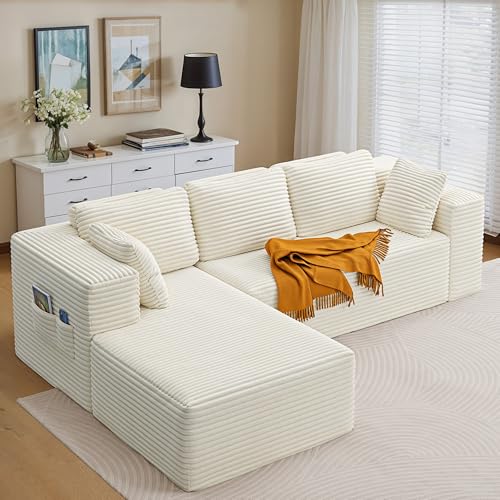 Xbro 3-Sitzer-Sofa in L-Form aus Cordsamt, modernes Sofa für Wohnzimmer mit Kissen und Seitentaschen, Schaumstoff 30D mit hoher Dichte, 250 x 160 x 62 cm, Beige