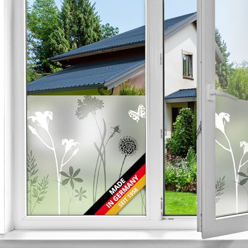 d-c-fix Fensterfolie Blossom Blumen-Muster statisch selbsthaftend Premium 45 cm x 1,5 m - blickdicht Sichtschutzfolie UV-Schutz - Sichtschutz Fenster Folie Milchglasfolie Pusteblume Gräser Motiv