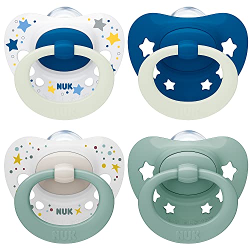 NUK Signature Day & Night Babyschnuller | 0-6 Monate | Beruhigt 95 % der Babys | BPA-freie Silikonschnuller in Herzform | Leuchtet im Dunkeln | Sterne | 4 Stück