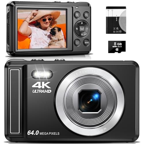 Digitalkamera 4K 64MP, 2.8 Zoll UHD Autofokus Kamera fotokamera, Micro-SD-Karte & Akku,16X Digitalzoom Wiederaufladbare Tragbare Kompaktkameras mit für Anfänger Jugendliche