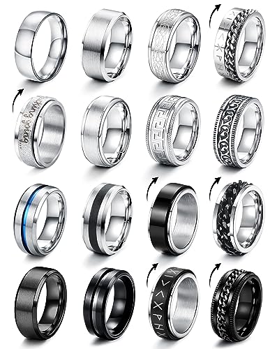CASSIECA 16 Stück Edelstahl Herren Ringe Silber Schwarz Matt Finish Poliert Band Ring Keltischer Knoten Vintage Biker Ringe Wikinger Verlobungsringe für Herren Männer Größe 60