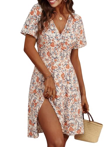 Cicy Bell Damen Sommerkleid Knielang Kurzarm V Ausschnitt Wrap Kleider Blumenmuster Midikleid A-Linie Freizeitkleid Beige L