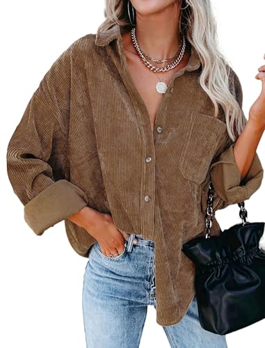 Friptspyg Cordhemd Damen Bluse Langarm Cordbluse Lässiges Hemdbluse Oversized Cordjacke Button Down Corduroy Bluse Casual Cord Hemd mit Tasche, Braun L