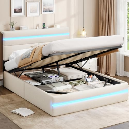 AOGLLATI Bett 140x200 mit Hydraulischem Stauraum, Polsterbett Doppelbett mit LED-Kopfteil & Ladestation (3 USB + 1 Type-C), Jugendbett mit Lattenrost, Boxspringbett, Beige Leinen (ohne Matratze)