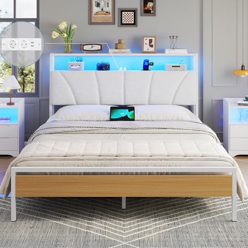 Brinlawb Bett 140x200 mit Lattenrost aus Metall, Bettgestell 140x200cm mit LED Beleuchtung Metallbett 140x200 mit Kopfteil & Ladestation(2 AC-Steckdosen& 2 USB-Anschlüsse) Jugendbett Doppelbett, Weiß