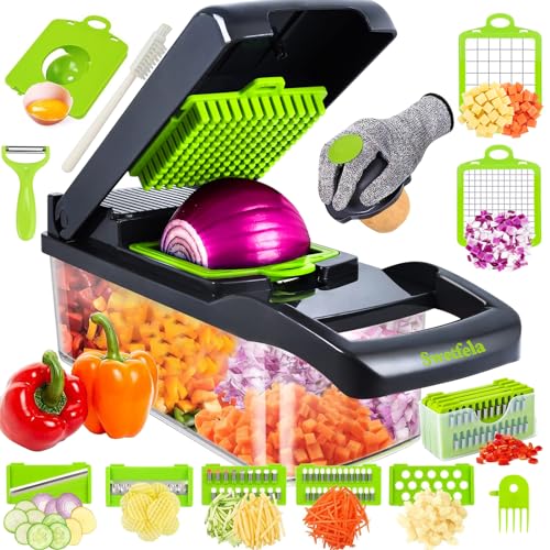 Swetfela 18-in-1 Gemüseschneider & Gemüsehobel, Multifunktionaler Vegetable Chopper Dicer mit 7 Klingen, Zwiebel Zerkleinerer Gemüsezerkleinerer Set mit Handschuh, Reinigungsbürste und Schäler