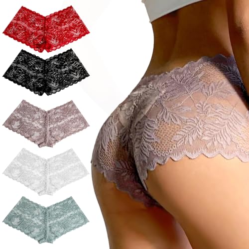 HekouJiub 5er Pack Spitzen Shorts Sexy Unterwäsche Damen Atmungsaktiv Freche Höschen Spitzen Unterhosen Damen Nahtlos Sexy Unsichtbare Unterwäsche für Frauen (Mehrfarbig, M)