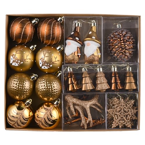 Valery Madelyn Weihnachtskugeln Set, 40pcs Christbaumkugeln Kunststoff Weihnachtskugel Bronze Weihnachtsdeko mit Geschenkpaket Aufhänger Weihnachtsbaumschmuck Waldland Thema(Bronze)