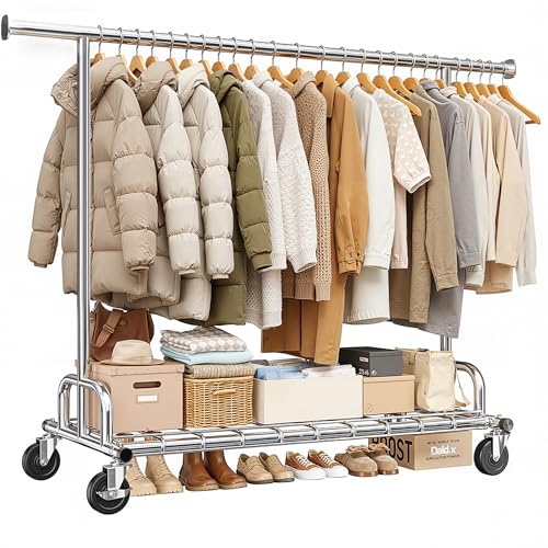 Klyvvo Kleiderständer auf Rollen, Ausziehbare Schwerlast Kleiderständer Stabil mit Rollen, Kleiderstange aus Metall für Kleider, Pullover, Mäntel,Abrigos de Invierno, Clothes Rack,bis 150kg Belastbarm