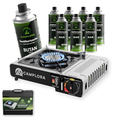 CAMPLORA Gaskocher + 8 Gaskartuschen + Tragekoffer mit Piezozündung - Campingkocher 2,2 kW - inkl. Sicherheitsabschaltung - Gaskocher Camping, Camping Kocher 1 flammig MSF-1a