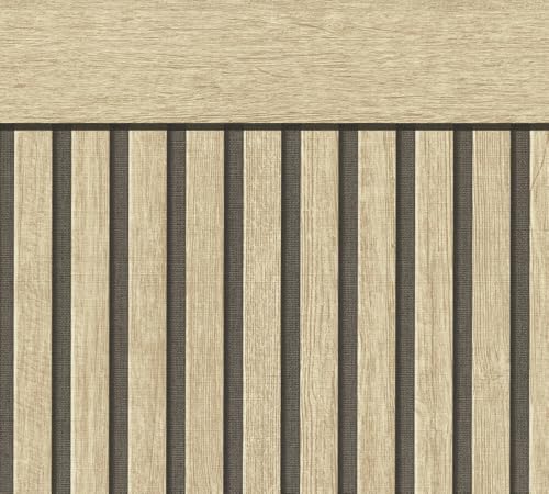 A.S. Création Vliestapete mit Wandpaneelmotiv & Sockelleiste 5,00 m x 1,06 m - Beige, Braun, Schwarz - Tapete in realistischer Holzoptik Made in Germany - 399561