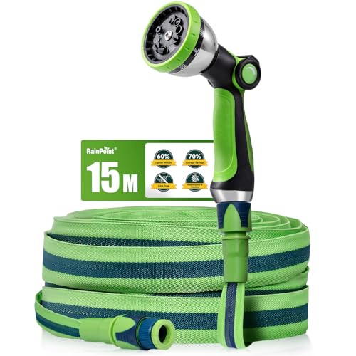 RAINPOINT Gartenschlauch Flexibel 15m, Leichtgewicht-Wasserschlauch mit TPE-Innenschlauch, 800D Oxford-Gewebe, 30 Bar Berstdruck, Knickfrei, 10-Funktionen Gartenbrause, 1/2