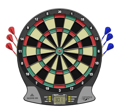 Carromco SCORE-301 elektronische Dartscheibe – 4-Loch Abstand, rot-grün-beige-schwarz, 26 Spiele & 523 Varianten inkl. Cricket, für 1-8 Spieler, batteriebetrieben, inkl. Pfeile