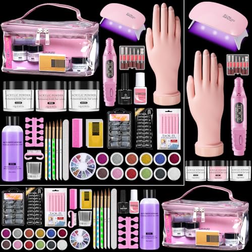 Yokilly Acryl Nagelset Starterset für Anfänger: Nägel Starterset mit Acrylpulver für Nägel Übungshand UV Lampe Nagelfräser - Acryl Pulver Nails Nägel Selber Machen Nagelstudio Set in Rosa Tasch