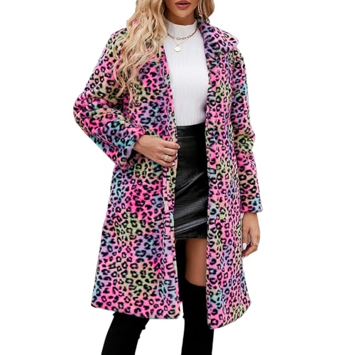 YuanDiann Damen Lange Leopard Kunstfell Mantel Herbst Winter Casual Mode Warm Revers Elegant Fellimitat Mäntel Parka Leopardenmuster Kunstpelz Jacke Bunt S