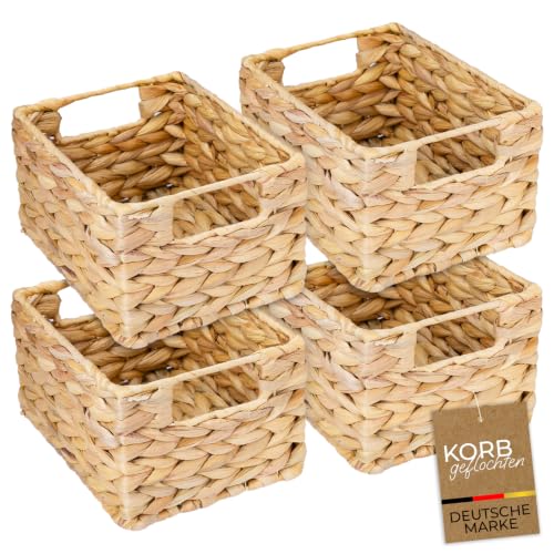 HMF Aufbewahrungskorb geflochten aus Wasserhyazinthe, Korb mit Tragegriffen für Badezimmer Küche und Wohnbereich, 4er Set, Größe S, 22 x 17 x 12 cm, Naturfarben