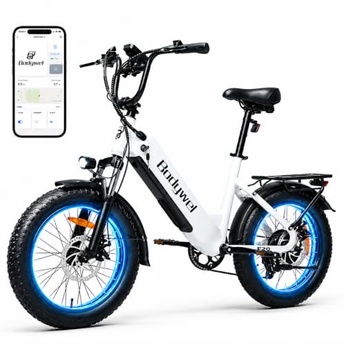 Bodywel F20 E Bike Herren Damen, 20x3.0“ E Fatbike Elektrofahrrad City Mountain,70-80km Reichweite, 48V 15Ah Akuu, 250W Heckmotor, 4,5“ LED Display, 7-Gang-Getriebe, Federgabel (Weiß)