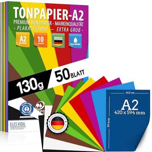50 Blatt BUNTES PAPIER DIN A2-130g/m² Tonpapier Set 10 Farben - Bastelpapier & Farbige Blätter Pappe, Kinder & DIY, Zubehör zum Basteln, Fotoalbum BLAUER ENGEL & PEFC zertifiziert - MADE IN GERMANY