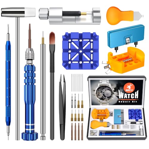 JOREST Uhrmacherwerkzeug Set, Uhr Batteriewechsel Werkzeug, Uhrenwerkzeug Stiftausdrücker für Uhrarmband, mit Uhrenöffner Gehäusebodenöffner, Federstegwerkzeug, Uhren Schraubendreher