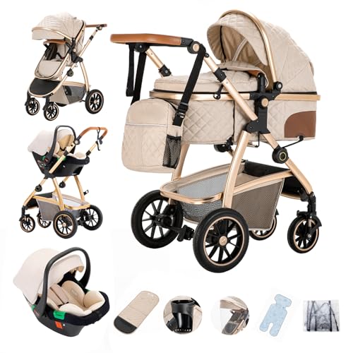 Gcarebb 3 in 1 Kinderwagen, Buggy Mit Auto Babyschale, Mit Höhenverstellbarer Kinderwagen Komplettset, KombiKinderwagen Mit Aluminiumrahmen für Neugeborene 0-4 Jahre