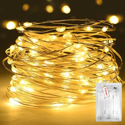 Peasur Lichterkette Batterie 2 Programm mit Timer, 3M 30 LED Lichterkettenbatterie Warmweiß, Micro Klein Draht Lichterketten Batterien Innen für Weihnachten Party Hochzeit Geschenke Deko