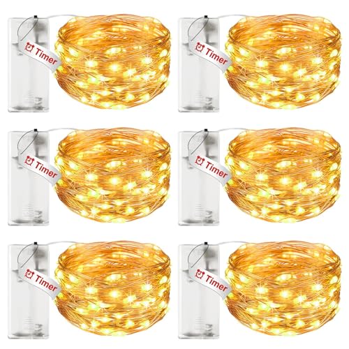 litogo 6 Stück LED Lichterkette Batterie mit Timer, 3M 30 LED Kupferdraht Lichterkette Innen, lichterketten batteriebetrieben (AA Batterie) für Party Weihnachten Halloween Hochzeit Deko, Warmweiß