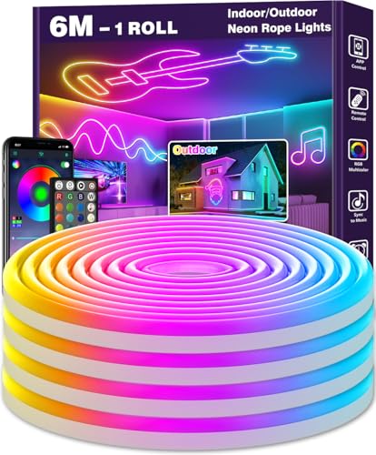 LETIANPAI 6m Neon LED Strip, Flexible LED Strips, Control with App/Remote, Multiple Modes, Waterproof, Music Sync Gaming Strip Lights for Bedroom Indoor, IP65 Outdoor RGB Neon Lights