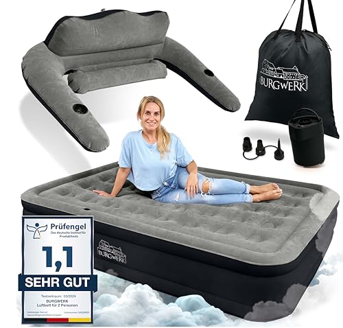 Burgwerk Premium Luftbett selbstaufblasend 2 Personen | Vielseitiges 3in1 Gästebett & Luftbett mit Rückenlehne | 203x152cm XL Size | aufblasbare Matratze mit Pumpe | Luftmatratze selbstaufblasend
