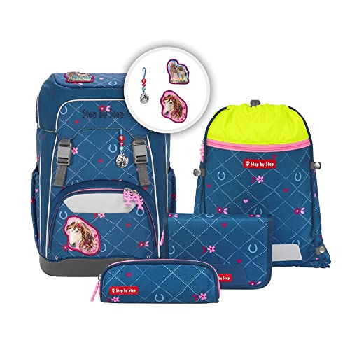 Step by Step Schulranzen-Set GIANT „Horse Lima“ 5-teilig, ergonomischer Tornister, höhenverstellbar mit Hüftgurt, für die Grundschule, ab der 1. Klasse, 23L, blau-rosa, Pferd-Design