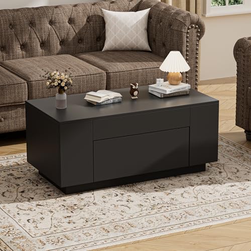 BonVache Couchtisch, Beistelltisch Couch, Wohnzimmertisch Holz mit Stauraum, Coffee Table, Kaffeetisch mit Versteckter Schubladen, Coffee Table, Sofatisch Tisch für Wohnzimmer, 90*50*42cm, Schwarz