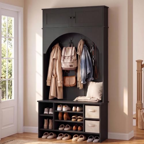 IRONCK Garderobenständer, Garderobe mit Sitzbank und Schuhregal Schwarz | Flurmöbel mit Oberschrank, 4 Dreifach-Haken und 7 Schubfächern, Kleiderständer, Eingangsmöbel für Schlafzimmer 100x35x186 cm