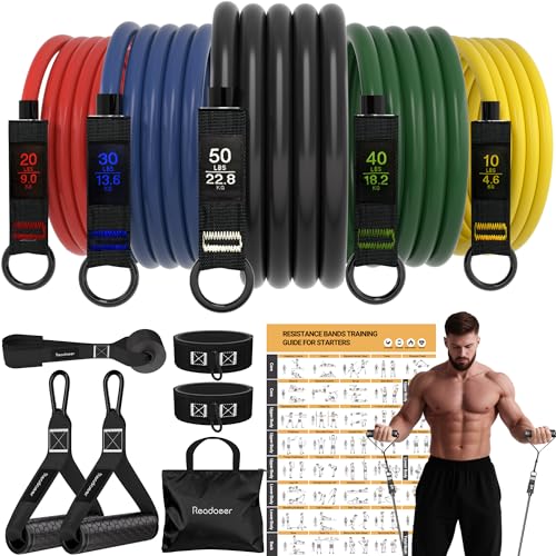 Fitness Widerstandsbänder Set – 5er Set Trainingsbänder mit Griffen, Türanker, Knöchelriemen & Poster Latex Expander für Krafttraining & Zuhause Workout Besuche den Readaeer-Store (150lbs/70KG)