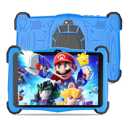 Semeakoko Kinder Tablet 7 Zoll Android 15, Tablet Kinder mit Sturzschutzgehäuse 10GB RAM + 64GB ROM (TF 1TB), Octa-Core, 2.0GHz, 2.4G/5.0G WiFi, 4000mAh, BT5.0 (Blau)