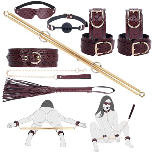 BDSM Bondage Spreizstange Sexspielzeug Set, 10er Sex Rot Leder Fesseln Set mit Handschellen Fußfessel, BDSM Verstellbare Bettfesseln Spielzeug Hart für Paare Frauen Sex