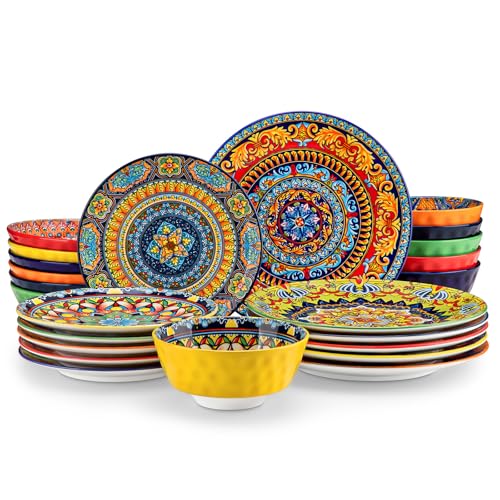 Porzellan Geschirrset 6 Personen 24-teiliges, vancasso Geschirr Set mit Speiseteller, Dessertteller, Suppenteller und Schalen, Boho Tafelservice 6 Personen, Geschirrsets Serie KRVI