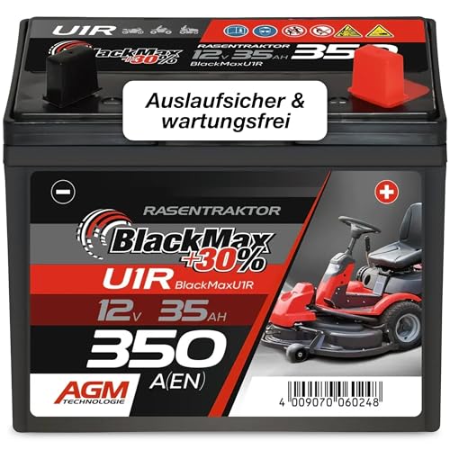 BlackMax Rasentraktor Batterie 12V 35Ah 350A (Pluspol rechts) - U1R-9 +30% AGM Starterbatterie (12 Volt) für Aufsitzmäher und Rasenmäher-Traktoren - wartungsfrei & wiederaufladbar statt 30Ah 32Ah