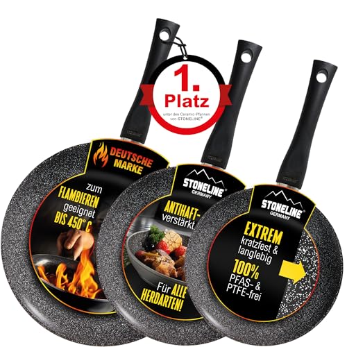 STONELINE Ceramic Pfannenset 3 teilig 20/24/28 cm Keramikpfanne Induktion Antihaft Pfanne Keramikbeschichtung mit echten Steinpartikeln, Bratpfanne PFAS-frei, Alle Herdarten & Backofen