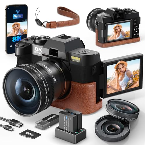 8K & 64 MP Digitalkamera für Foto & Video – 16-facher Zoom, WLAN, 180° Flip-Display, Autofokus, Bildstabilisierung, Weitwinkel & Makroobjektiv, Webcam-Funktion, inkl. PU-Ledertasche (Schwarz)