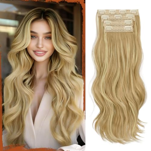 Sofeiyan Clip in Extensions, 4PCS 50 cm Lange Gewellte Haarverlängerungen für Frauen Natürlich Wellig Aschdunkelblond & Hellblond Weiche Synthetische Clip in Haarteile für Tägliche Party