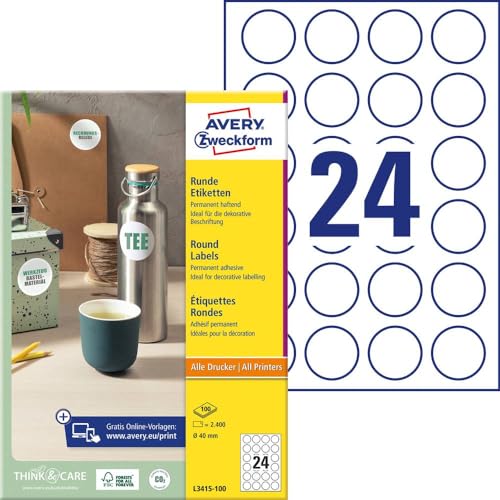 AVERY Zweckform L3415-100 runde Etiketten (zum Bedrucken, selbstklebend, Ø 40 mm, A4, 2.400 Aufkleber auf 100 Blatt, Klebepunkte zum Kennzeichnen von Unterlagen, Produkten) weiß
